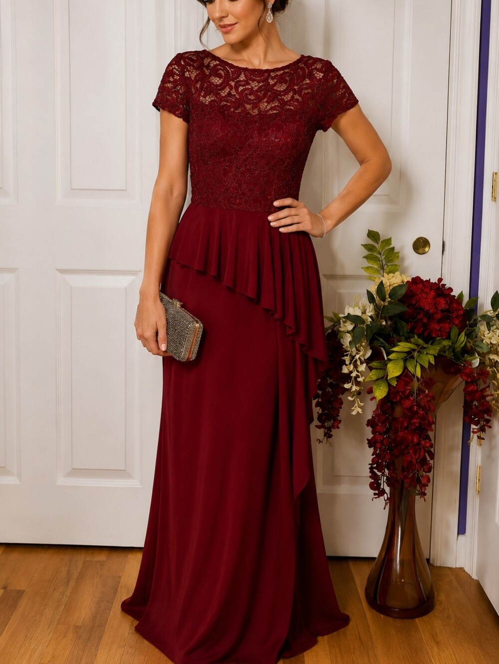 Marina Evening Maxi Dress Size 10 Merlot Lace Jersey Gown Tiered Skirt